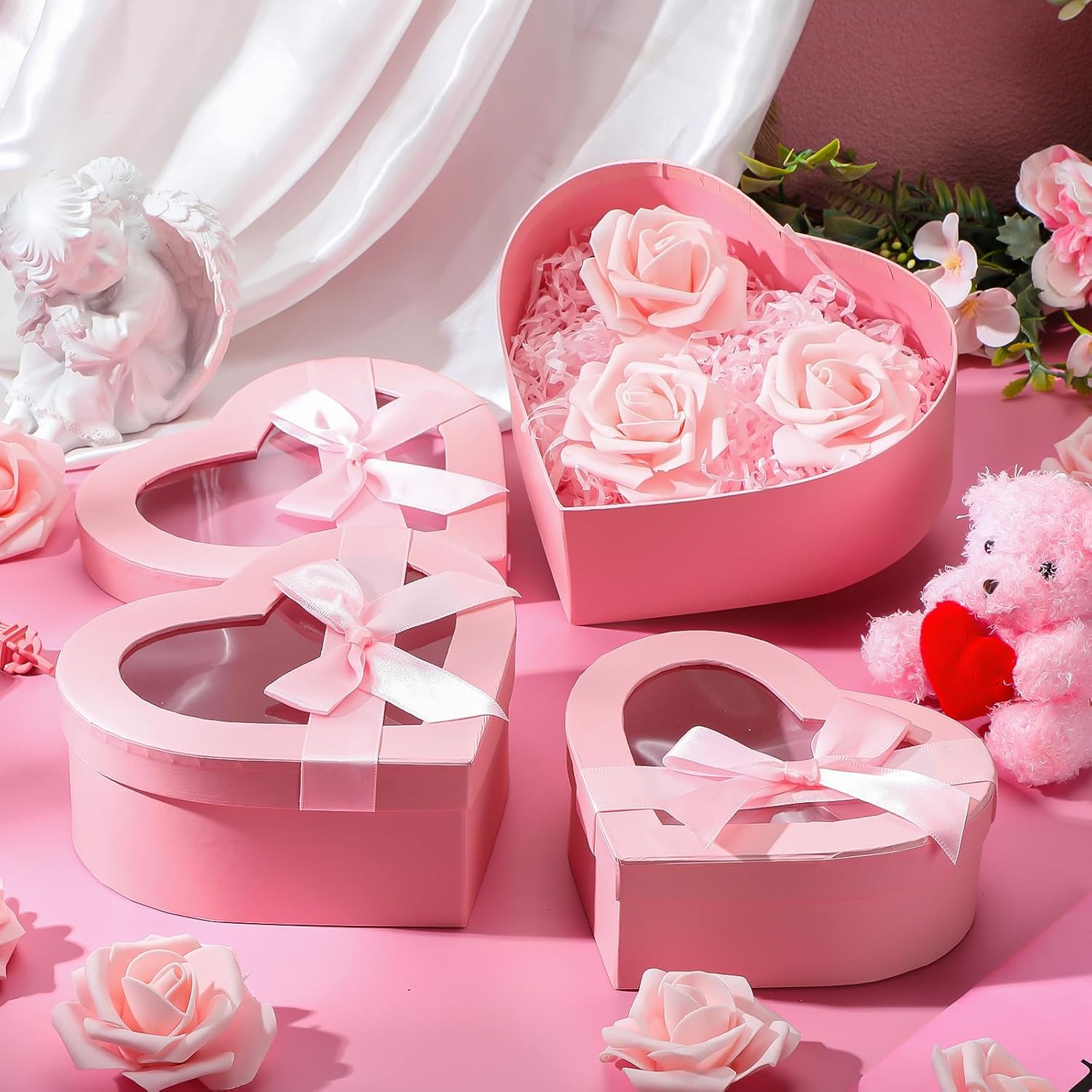 4 Pcs Valentine Flower Boxes Heart Shaped Boxes Floral Gift Box Assorted Sizes with Transparent Window Lids and Ribbons for Luxury Flower Gift Arrangements Wedding(Pink)